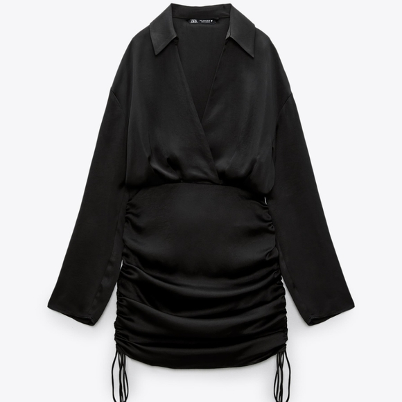 ZARA * SHORT SATIN EFFECT RUCHED DRAWSTRING DRESS Black - Picture 2 of 7